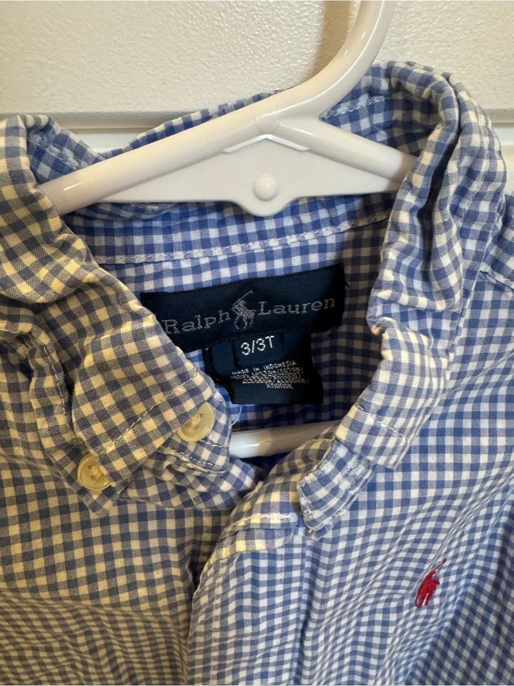 Ralph Lauren Blue & White Gingham Button-Down Shirt with Red Polo Logo